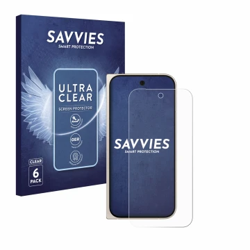 Parte frontal de un envase de producto con el logotipo de la marca Savvies. Al lado se muestra el dispositivo Google Pixel 9 P