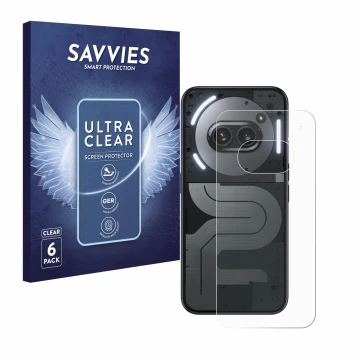 Parte frontal de un envase de producto con el logotipo de la marca Savvies. Al lado se muestra el dispositivo Nothing Phone (2