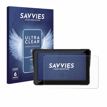 Parte frontal de un envase de producto con el logotipo de la marca Savvies. Al lado se muestra el dispositivo Carpuride W702B 