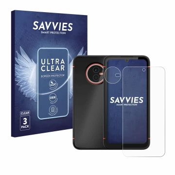 Parte frontal de un envase de producto con el logotipo de la marca Savvies. Al lado se muestra el dispositivo Gigaset GX4 Pro 