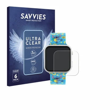 Parte frontal de un envase de producto con el logotipo de la marca Savvies. Al lado se muestra el dispositivo Disney Stitch LA