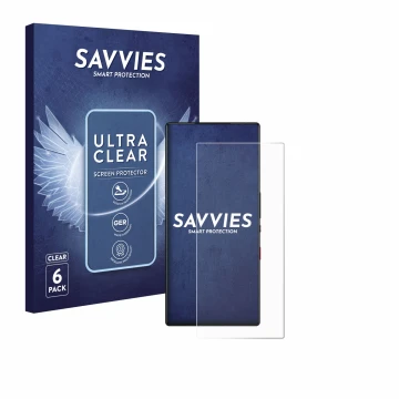 Parte frontal de un envase de producto con el logotipo de la marca Savvies. Al lado se muestra el dispositivo ZTE Nubia Red Ma