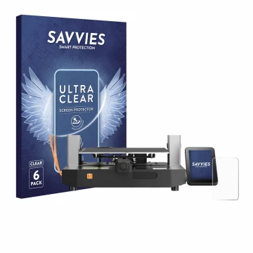 Parte frontal de un envase de producto con el logotipo de la marca Savvies. Al lado se muestra el dispositivo Anycubic Kobra 3
