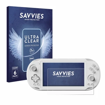 Parte frontal de un envase de producto con el logotipo de la marca Savvies. Al lado se muestra el dispositivo AYN Odin 2 Mini 