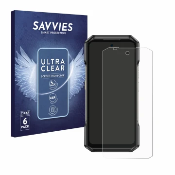 Parte frontal de un envase de producto con el logotipo de la marca Savvies. Al lado se muestra el dispositivo Ulefone Armor 27