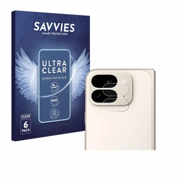 Parte frontal de un envase de producto con el logotipo de la marca Savvies. Al lado se muestra el dispositivo Google Pixel 9 P
