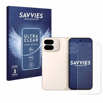 Parte frontal de un envase de producto con el logotipo de la marca Savvies. Al lado se muestra el dispositivo Google Pixel 9 P