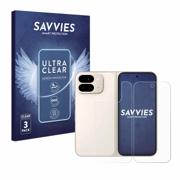 Parte frontal de un envase de producto con el logotipo de la marca Savvies. Al lado se muestra el dispositivo Google Pixel 9 P