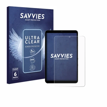 Parte frontal de un envase de producto con el logotipo de la marca Savvies. Al lado se muestra el dispositivo Alldocube iPlay 