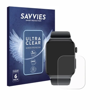 Parte frontal de un envase de producto con el logotipo de la marca Savvies. Al lado se muestra el dispositivo andoer Smartwatc
