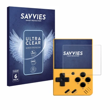 Parte frontal de un envase de producto con el logotipo de la marca Savvies. Al lado se muestra el dispositivo Miyoo Mini V4 co