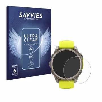 Parte frontal de un envase de producto con el logotipo de la marca Savvies. Al lado se muestra el dispositivo Garmin Fenix 8 S
