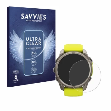 Parte frontal de un envase de producto con el logotipo de la marca Savvies. Al lado se muestra el dispositivo Garmin Fenix 8 S