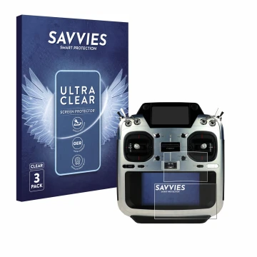 Parte frontal de un envase de producto con el logotipo de la marca Savvies. Al lado se muestra el dispositivo Futaba T26SZ con