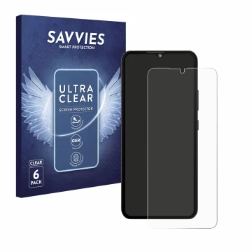 Parte frontal de un envase de producto con el logotipo de la marca Savvies. Al lado se muestra el dispositivo Cubot A10 con su