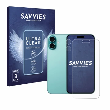 Parte frontal de un envase de producto con el logotipo de la marca Savvies. Al lado se muestra el dispositivo Apple iPhone 16 