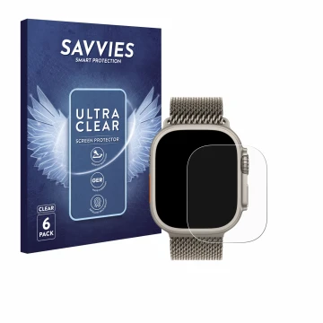 Parte frontal de un envase de producto con el logotipo de la marca Savvies. Al lado se muestra el dispositivo Apple Watch Ultr