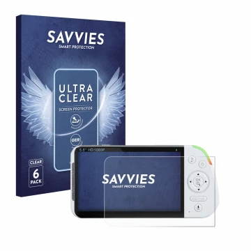 Parte frontal de un envase de producto con el logotipo de la marca Savvies. Al lado se muestra el dispositivo Babysense MaxVie
