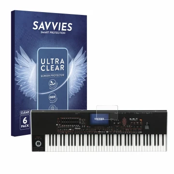 Parte frontal de un envase de producto con el logotipo de la marca Savvies. Al lado se muestra el dispositivo KORG Pa4x con su