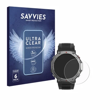 Parte frontal de un envase de producto con el logotipo de la marca Savvies. Al lado se muestra el dispositivo Huami Amazfit T-