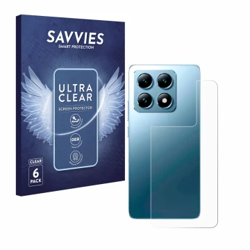 Parte frontal de un envase de producto con el logotipo de la marca Savvies. Al lado se muestra el dispositivo Xiaomi 14T Pro (