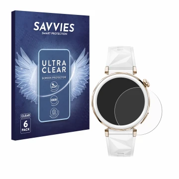 Parte frontal de un envase de producto con el logotipo de la marca Savvies. Al lado se muestra el dispositivo Huawei Watch GT 