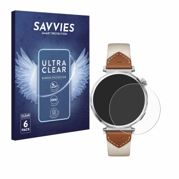Parte frontal de un envase de producto con el logotipo de la marca Savvies. Al lado se muestra el dispositivo Huawei Watch GT 