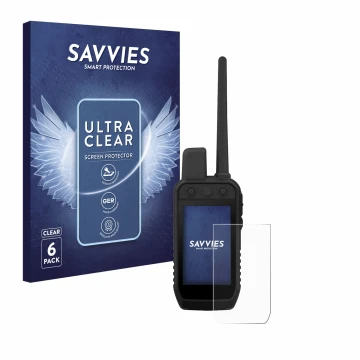 Parte frontal de un envase de producto con el logotipo de la marca Savvies. Al lado se muestra el dispositivo Garmin Alpha 300