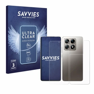 Parte frontal de un envase de producto con el logotipo de la marca Savvies. Al lado se muestra el dispositivo Xiaomi 14T (Fron