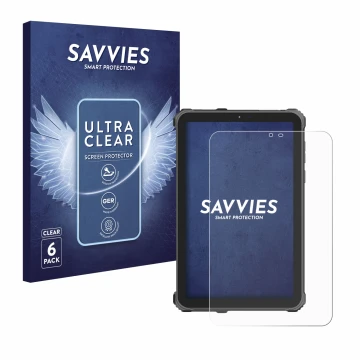 Parte frontal de un envase de producto con el logotipo de la marca Savvies. Al lado se muestra el dispositivo Oukitel RT3 Pro 