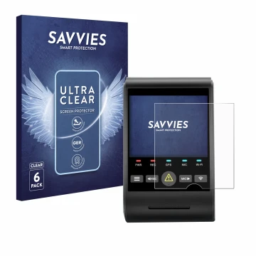 Parte frontal de un envase de producto con el logotipo de la marca Savvies. Al lado se muestra el dispositivo VIOFO A229 PRO c
