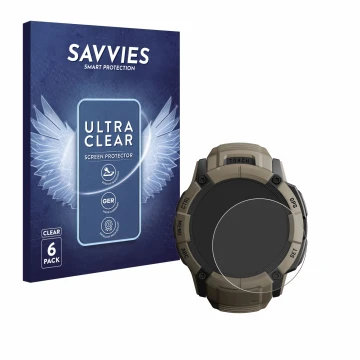 Parte frontal de un envase de producto con el logotipo de la marca Savvies. Al lado se muestra el dispositivo Garmin Instinct 