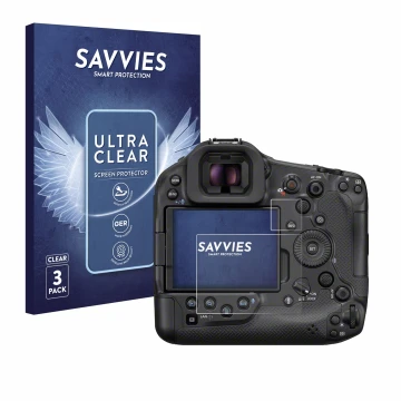 Parte frontal de un envase de producto con el logotipo de la marca Savvies. Al lado se muestra el dispositivo Canon EOS R1 con