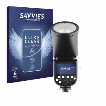 Parte frontal de un envase de producto con el logotipo de la marca Savvies. Al lado se muestra el dispositivo Godox TT685 II c