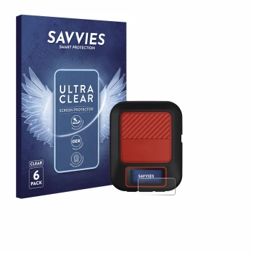 Parte frontal de un envase de producto con el logotipo de la marca Savvies. Al lado se muestra el dispositivo Garmin inReach M