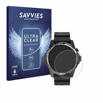 Parte frontal de un envase de producto con el logotipo de la marca Savvies. Al lado se muestra el dispositivo Mobvoi Ticwatch 