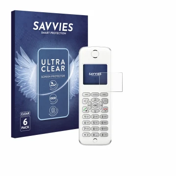 Parte frontal de un envase de producto con el logotipo de la marca Savvies. Al lado se muestra el dispositivo AVM Fritz!Fon M2