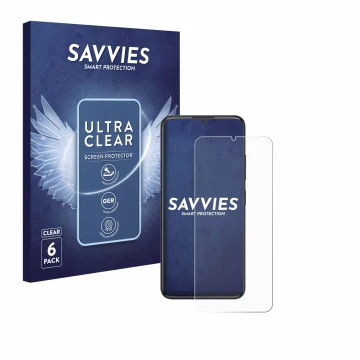 Parte frontal de un envase de producto con el logotipo de la marca Savvies. Al lado se muestra el dispositivo ZTE Blade A34 co
