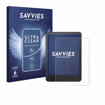 Parte frontal de un envase de producto con el logotipo de la marca Savvies. Al lado se muestra el dispositivo Amazon Kindle Co