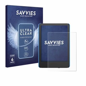 Parte frontal de un envase de producto con el logotipo de la marca Savvies. Al lado se muestra el dispositivo Amazon Kindle Ki