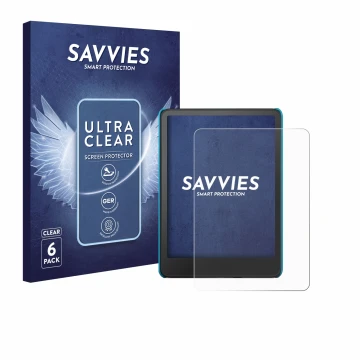 Parte frontal de un envase de producto con el logotipo de la marca Savvies. Al lado se muestra el dispositivo Amazon Kindle Pa