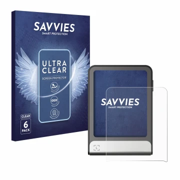 Parte frontal de un envase de producto con el logotipo de la marca Savvies. Al lado se muestra el dispositivo Ledger Flex con 