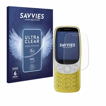 Parte frontal de un envase de producto con el logotipo de la marca Savvies. Al lado se muestra el dispositivo Nokia 3210 con s