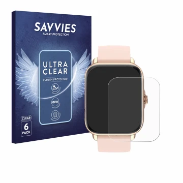 Parte frontal de un envase de producto con el logotipo de la marca Savvies. Al lado se muestra el dispositivo Janolty Smartwat
