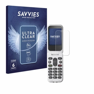 Parte frontal de un envase de producto con el logotipo de la marca Savvies. Al lado se muestra el dispositivo Doro 2820 con su