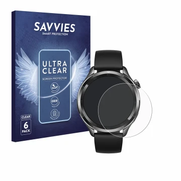 Parte frontal de un envase de producto con el logotipo de la marca Savvies. Al lado se muestra el dispositivo Xiaomi Watch S4 