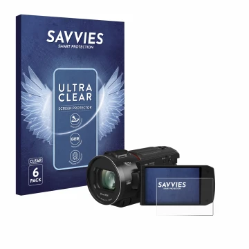 Parte frontal de un envase de producto con el logotipo de la marca Savvies. Al lado se muestra el dispositivo Panasonic HC-VX3