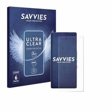 Parte frontal de un envase de producto con el logotipo de la marca Savvies. Al lado se muestra el dispositivo ZTE Nubia Red Ma