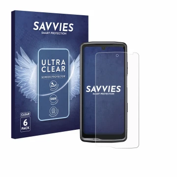 Parte frontal de un envase de producto con el logotipo de la marca Savvies. Al lado se muestra el dispositivo Crosscall Stella