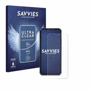 Parte frontal de un envase de producto con el logotipo de la marca Savvies. Al lado se muestra el dispositivo Oukitel WP52 con